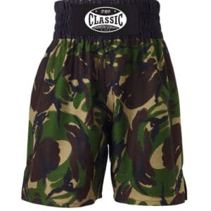 Private label boxing shorts with custom logos and trim.