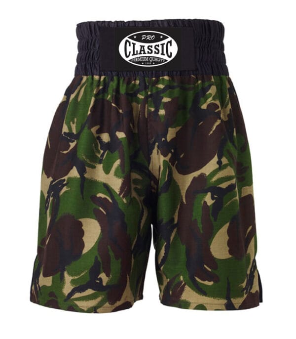 Private label boxing shorts with custom logos and trim.