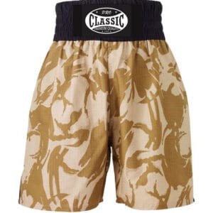 Custom fight shorts with branding for boxing-focused labels.