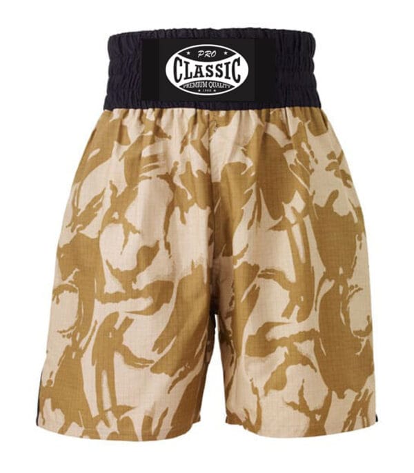 Custom fight shorts with branding for boxing-focused labels.
