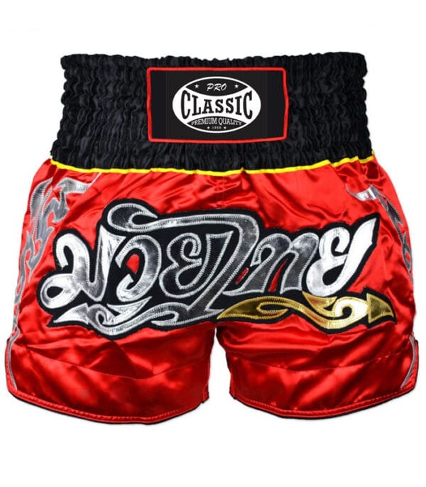 Muay Thai shorts in custom red and white design with logo placement, ideal for private label and OEM manufacturing.