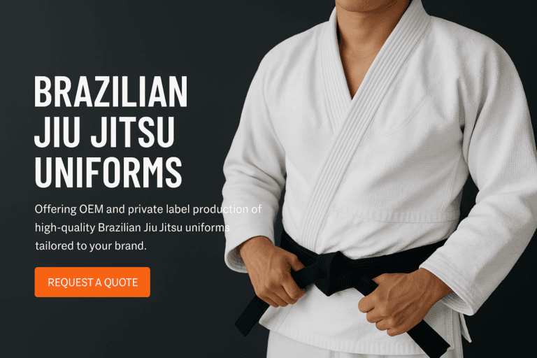 Martial artist adjusting a black belt while wearing a custom white BJJ gi from a BJJ gi manufacturer.