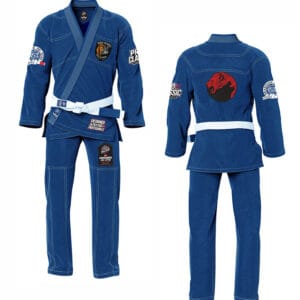 Blue BJJ gi with custom patches, manufactured for professional Brazilian Jiu-Jitsu training