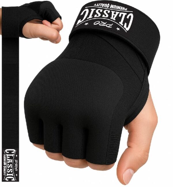 Black gel inner boxing gloves with wrist support made in Pakistan for OEM and private label use