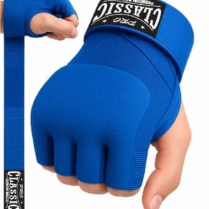 Blue gel hand wrap gloves for MMA and boxing with Velcro strap and knuckle padding