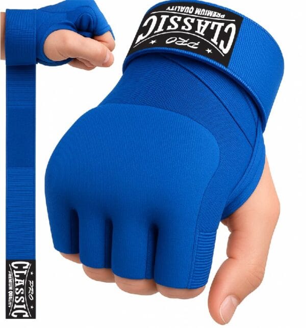 Blue gel hand wrap gloves for MMA and boxing with Velcro strap and knuckle padding
