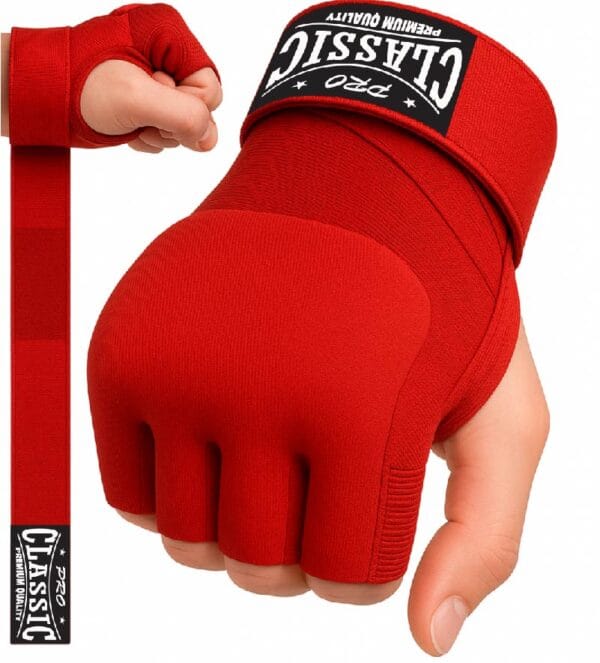 Red gel padded hand wrap gloves with wrist strap by boxing gloves manufacturer in Pakistan