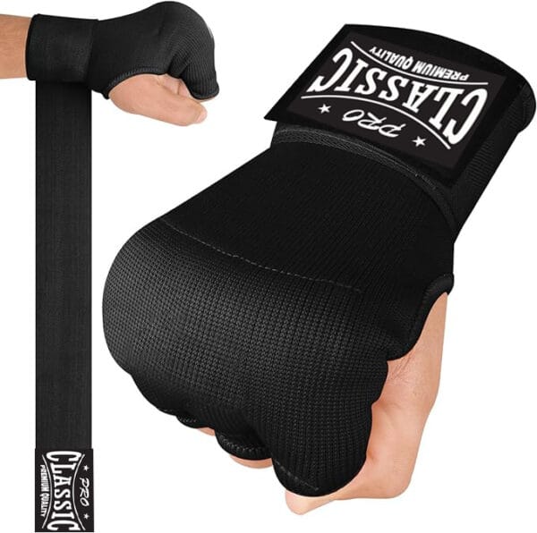 Black hand wrap gloves with gel padding and wrist support by custom manufacturer in Pakistan