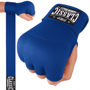 Blue hand wrap gloves with gel padding and wrist support by custom manufacturer in Pakistan