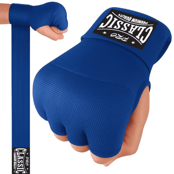 Blue hand wrap gloves with gel padding and wrist support by custom manufacturer in Pakistan
