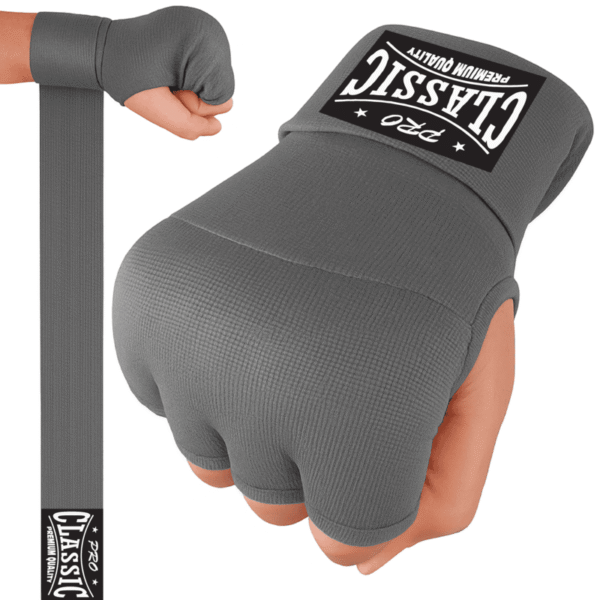 Grey hand wrap gloves with gel padding and wrist support by custom manufacturer in Pakistan