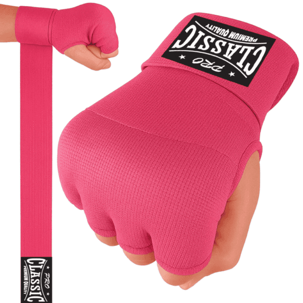 Pink hand wrap gloves with gel padding and wrist support by custom manufacturer in Pakistan