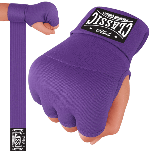 Purple hand wrap gloves with gel padding and wrist support by custom manufacturer in Pakistan