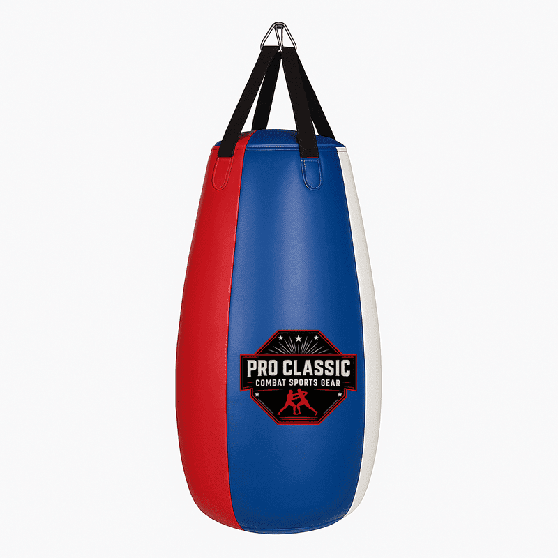 Red, blue, and white heavy punching bag – custom boxing bag by OEM manufacturer in Pakistan