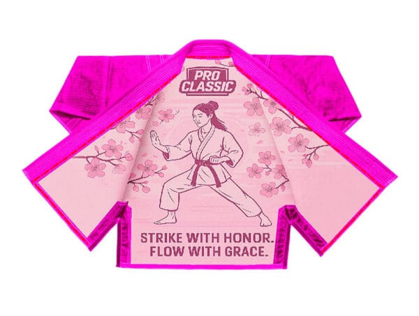 Inside view of pink women’s custom BJJ Gi with reinforced stitching and lining