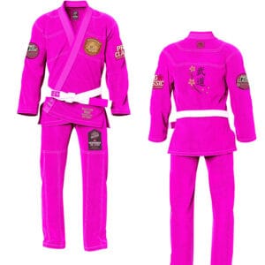 Pink women’s custom BJJ Gi with pearl weave jacket and tapered fit