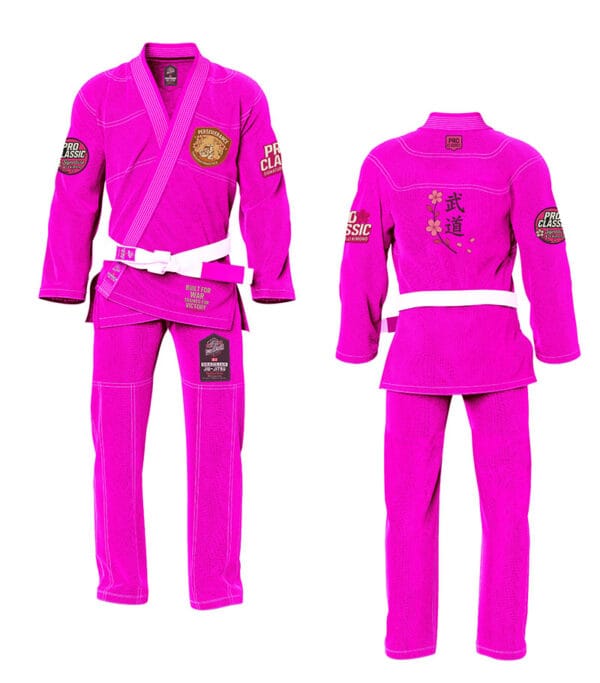 Pink women’s custom BJJ Gi with pearl weave jacket and tapered fit