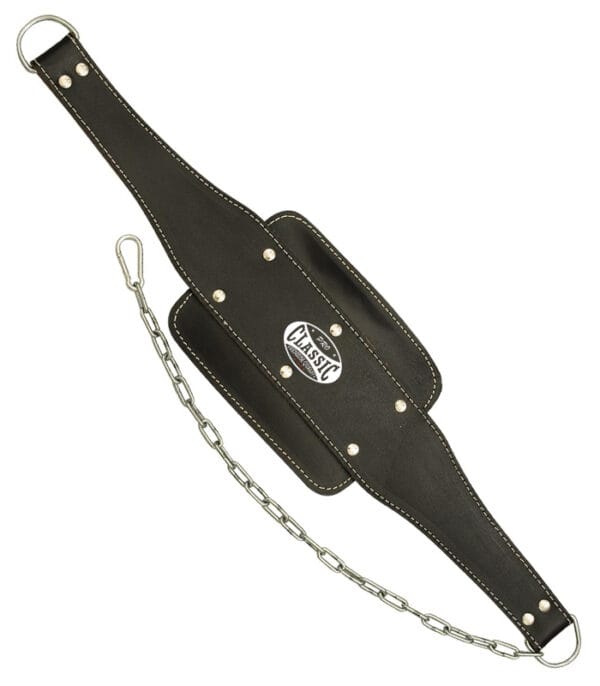 black leather dip belt with steel chain and custom logo branding for bulk supply