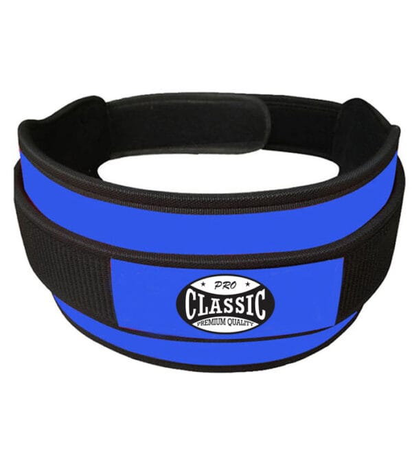 blue custom logo weightlifting belt with side view and embossed branding