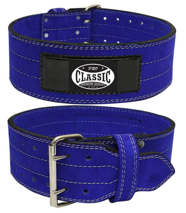 blue lever weightlifting belt from EU supplier with custom logo and side view