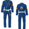 Front and back view of blue kids BJJ Gi from a custom BJJ Gi manufacturer in Sialkot, Pakistan.
