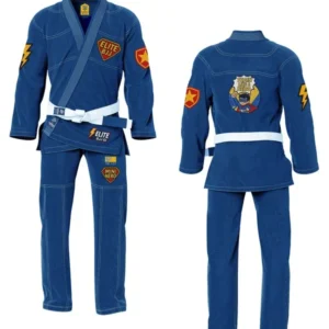 Front and back view of blue kids BJJ Gi from a custom BJJ Gi manufacturer in Sialkot, Pakistan.
