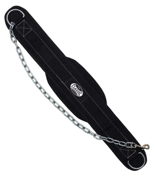 black padded dip belt with steel chain for weighted training, available for wholesale