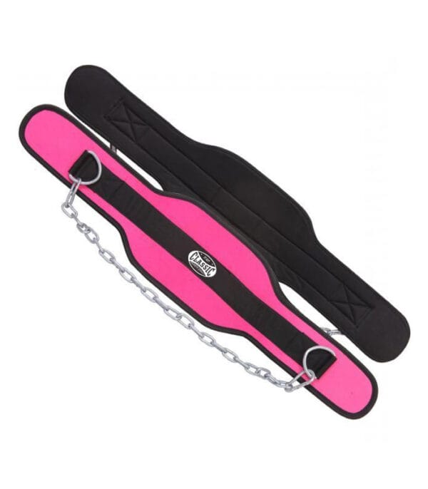 padded dip belt wholesale in pink and black color with steel chain and logo branding