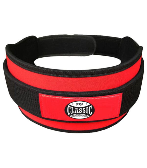 red custom logo weightlifting belt with front branding view