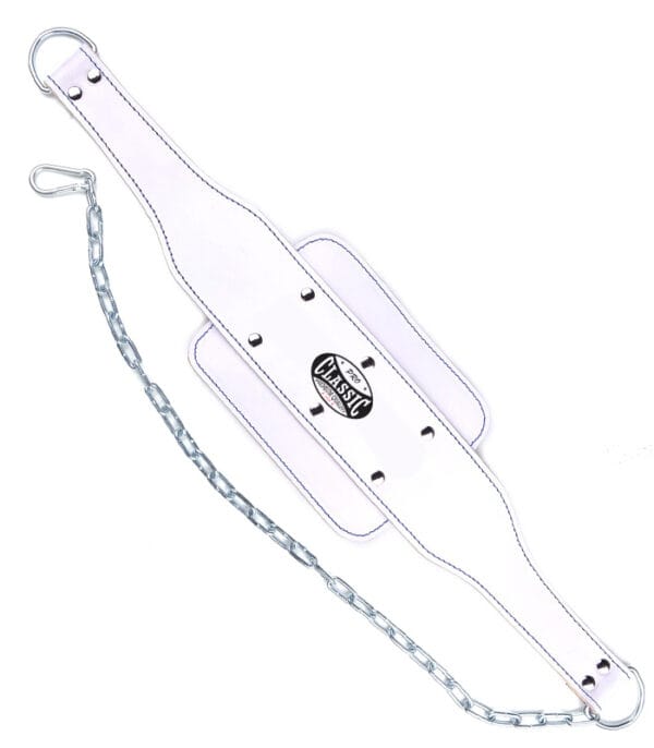 white leather dip belt with chain attachment and custom logo for wholesale supply